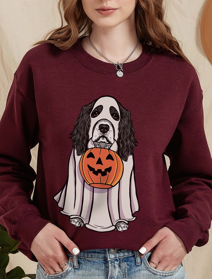 Funny Halloween Cocker Spaniel(Black & White) Sweatshirt | Funny Cocker Spaniel Wearing a Ghost Costume and Holding a Pumpkin Basket product image (6)