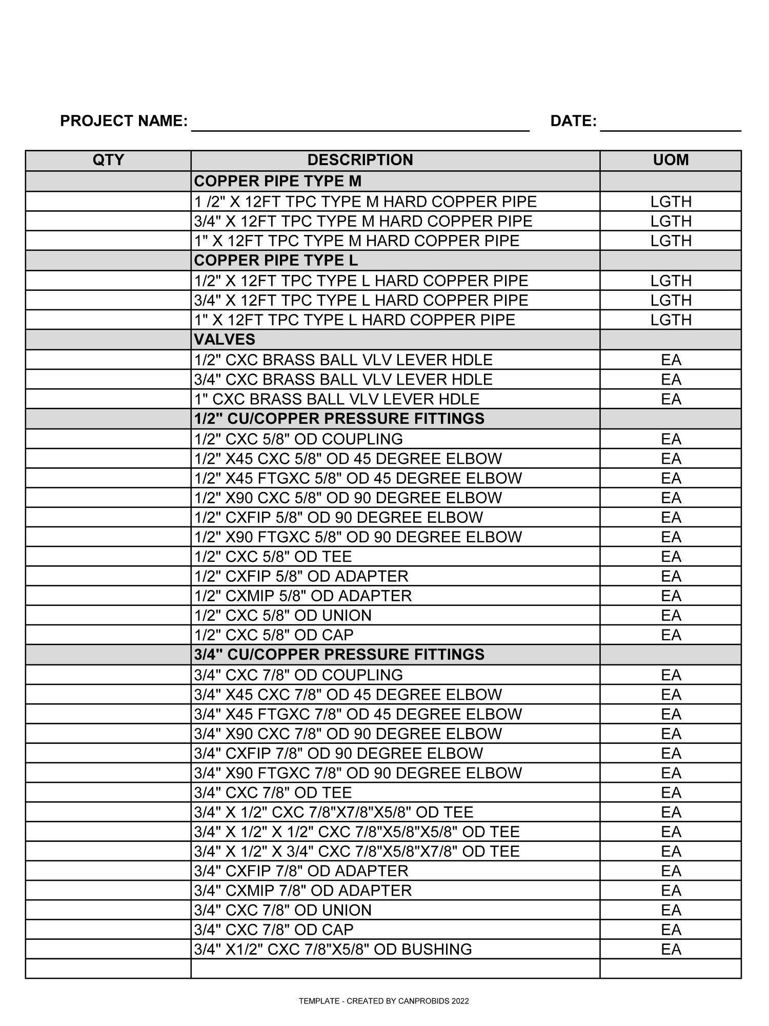 Domestic Water CU BOM MS Excel Template No. 1 product image (2)