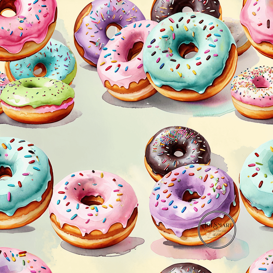 Seamless Pattern - Pastel Sprinkled Donuts on a Watercolor Background product image (1)