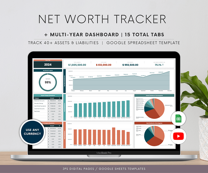 Net Worth Tracker Template, Multi-Year Dashboard Spreadsheet, Google Sheets Template, Net Worth Yearly Calculator, Investment Tracker product image (1)