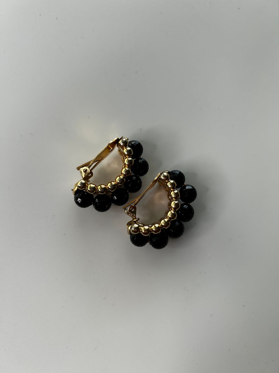 Vintage Napier Gold Tone Black Beads Half Circle Clip On Earrings product image (2)