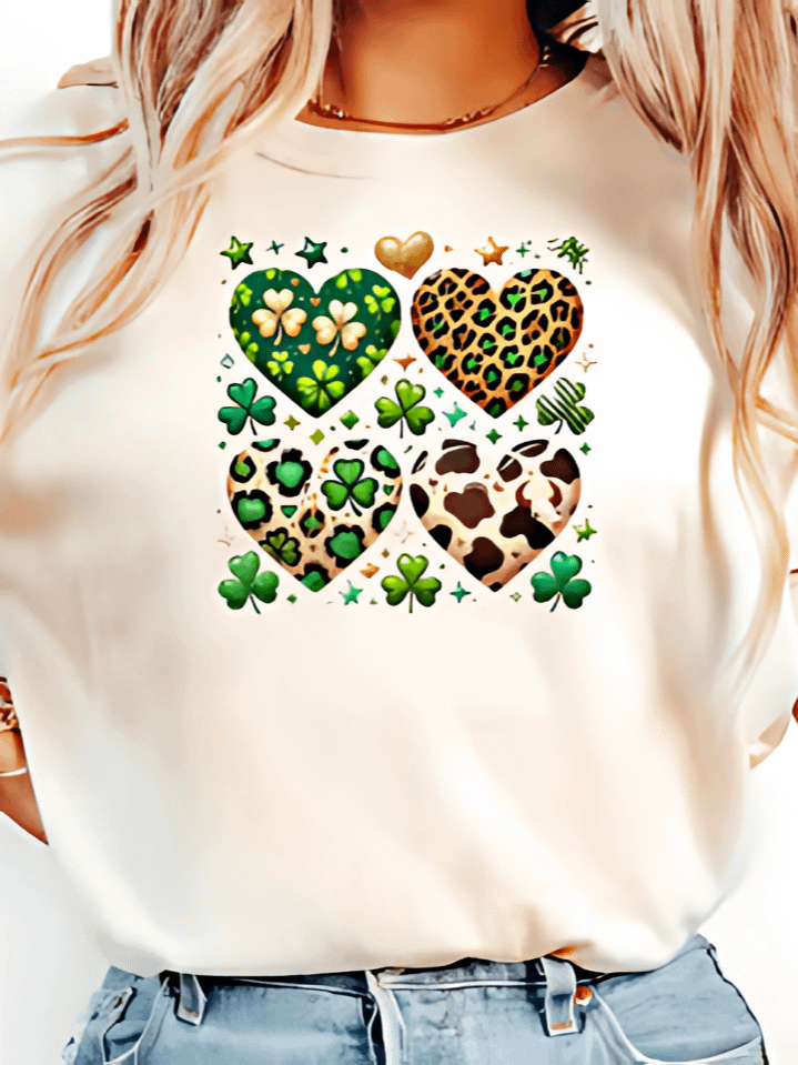 St. Patrick’s Day Leopard Cowhide Hearts T-Shirt Sublimation Design – unique heart and cowhide pattern with leopard print, 300 DPI PNG, instant digital download product image (1)