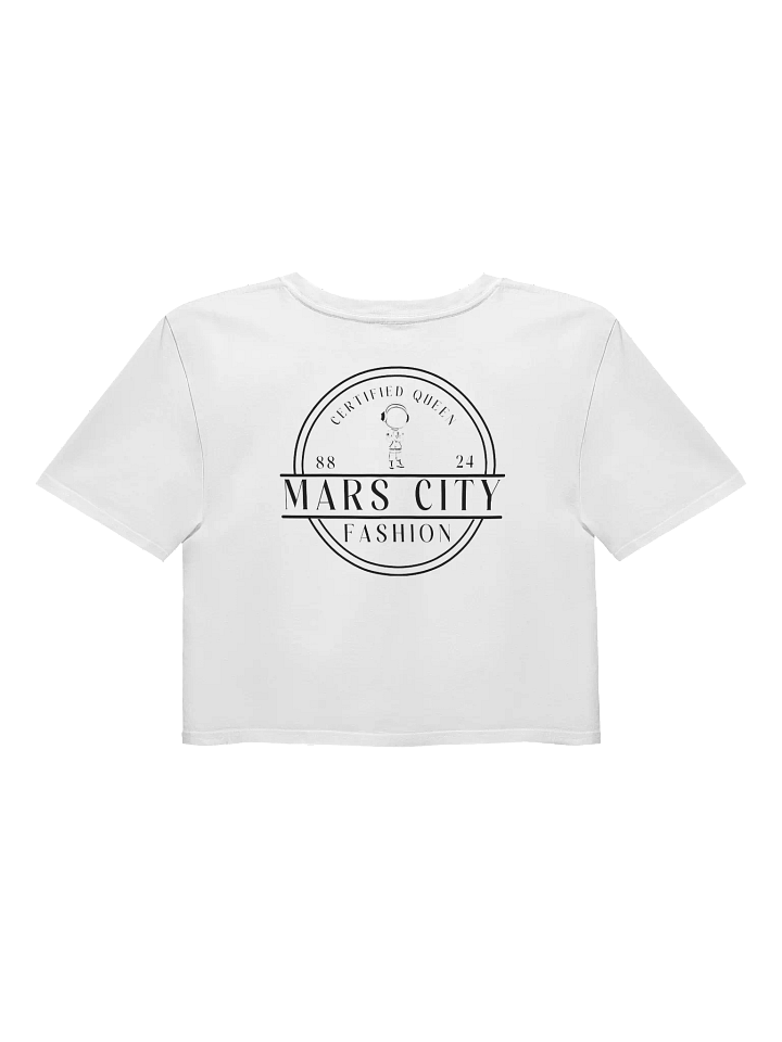 Ladies white cropped tee shirt with Gold Astronaut black circle front product image (2)
