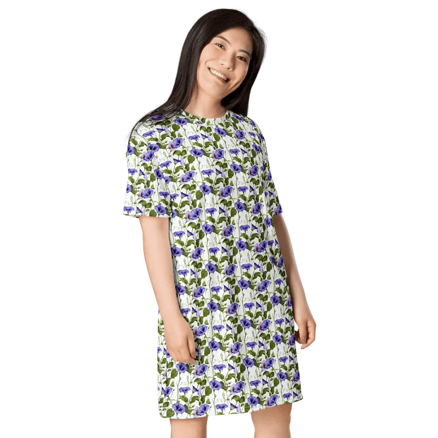 Woman Floral White Seamless T-Shirt Dress | Morning Glory Flower product image (8)