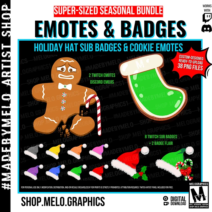 Holiday Hats & Cookies - Twitch/Discord Sub Badges & Emotes/Emojis Bundle 10pk | #MadeByMELO product image (1)