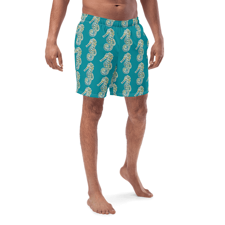 Painted Seahorses on Eastern Blue | Men’s Swim Trunks | Coastal Swimwear for Men 🐚 Quick-Dry + UPF 50+ | Monique Faella Designs™ product image (1)