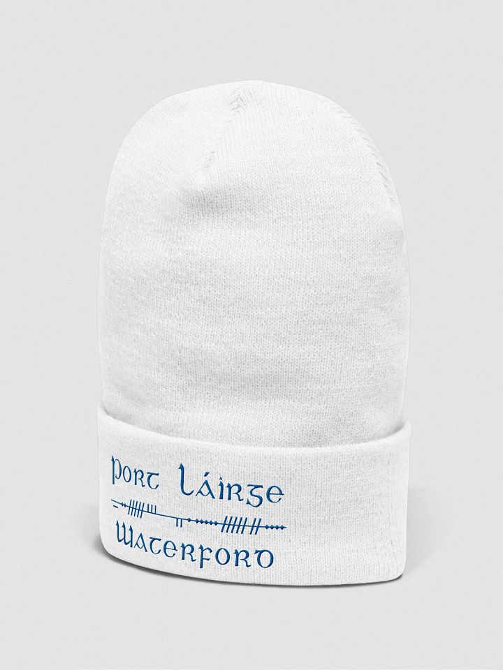 Waterford/Port Láirge, Scholastic style Ogham, white with blue, embroidered Cuffed Beanie product image (2)