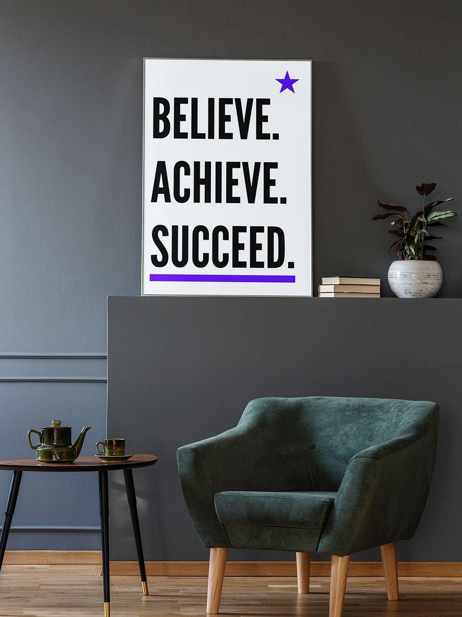 Believe Achieve Succeed Poster, Inspirational Quote Wall Art, Bold Typography, Star Accent, Motivational Office Decor, Success Affirmation product image (2)