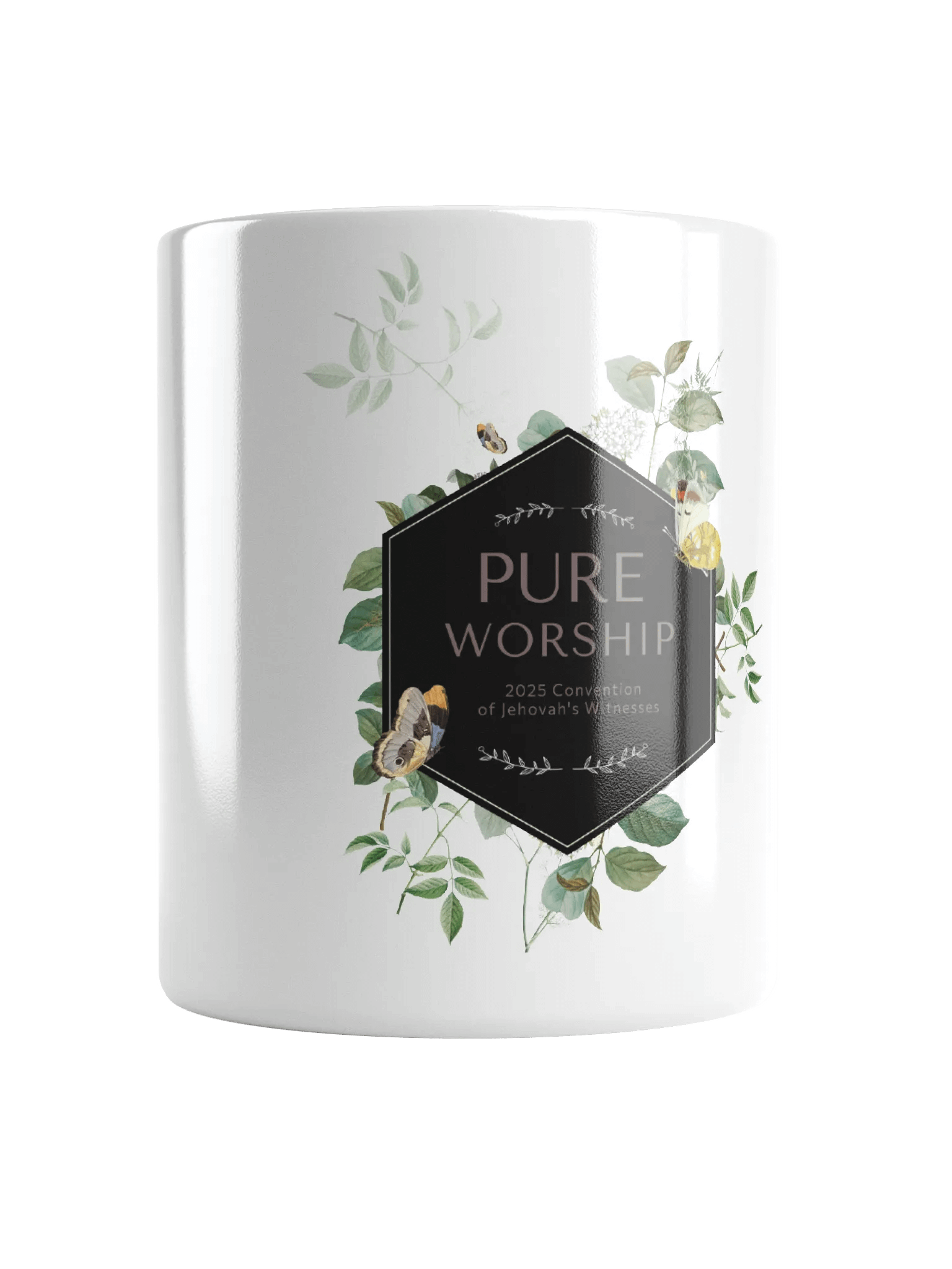 "Pure Worship" 2025 Convention of Jehovah's Witnesses | Botanical White Glossy Mug product image (1)