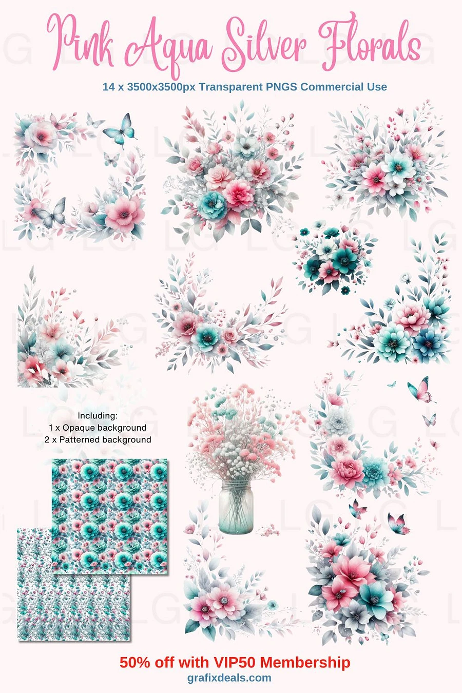 Pink Aqua Silver Floral Graphics Bundle! Commercial POD Use Clipart product image (2)