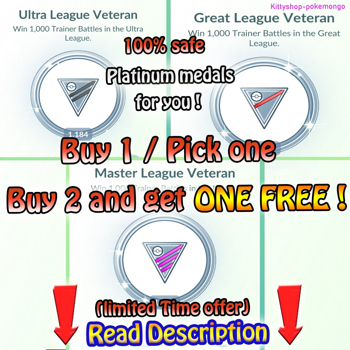 Pokémon Go!🎖- Platinum Medal BUY 2 GET 1 FREE (PVP League Veteran medals)✅ product image (1)