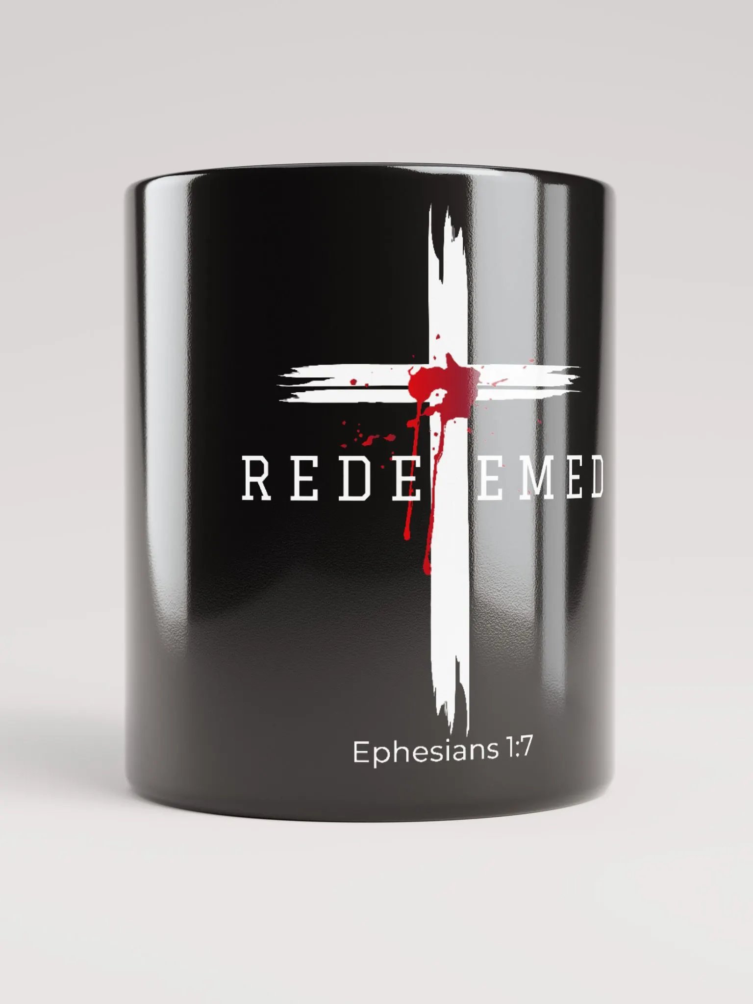 Redeemed by the blood of Jesus - Ephesians 1:7 black coffee mug product image (4)