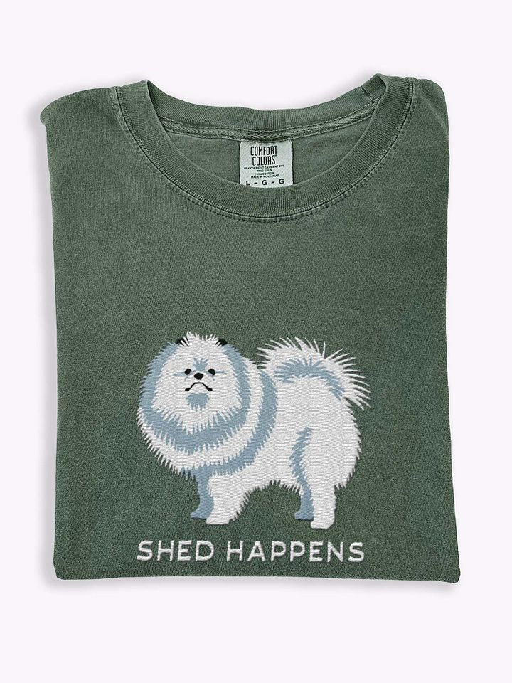 Shed Happens T-Shirt(Embroidered) of a Pomeranian(White) product image (1)