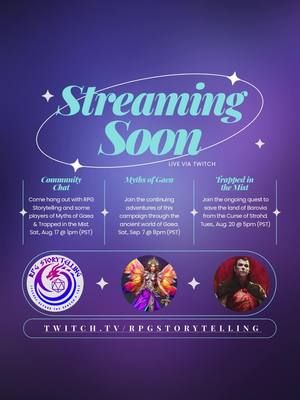 Come join the cast and crew of the Myths of Gaea and Trapped in the Mists campaigns as we hang out together, chatting about various topics, answer questions from the audience, work on various projects together, and have fun enjoying each other's company. Join us today at 1pm (PST) / 4pm (EST) for all of the fun. Don't forget, the next exciting episode of Trapped in the Mists will be this Tuesday evening at 5pm (PST) / 8pm (EST) And the next exhilarating episode of the Myths of Gaea will be on Saturday, September 7th at 8pm (PST) / 11pm (EST). https://www.twitch.tv/rpgstorytelling #RPGStorytelling #MythsofGaea #TrappedintheMists