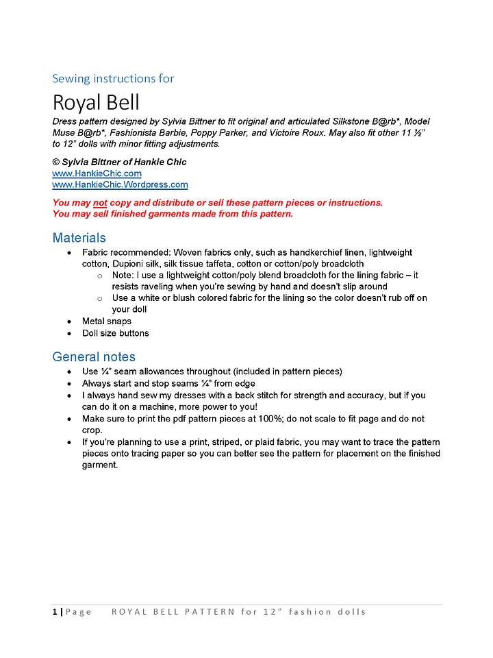 Royal Bell sewing pattern for 12" fashion dolls product image (2)