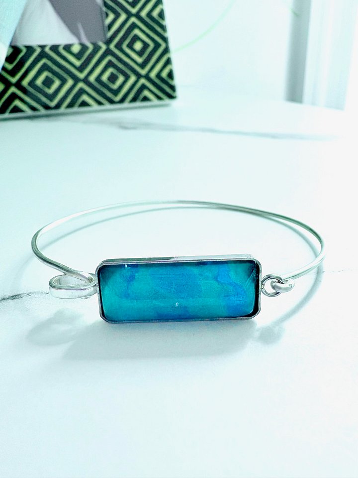 ⚡ Electric Tide Bangle | 6.75" Silver-Plated Wire Bracelet with Teal Rectangle Charm | Handmade Coastal Charm Jewelry by Monique Faella Designs™ | MFD-00180 product image (1)