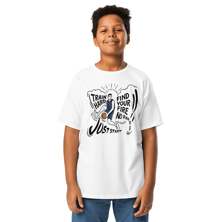 Youth Motivational Tee – Train Hard. Find Your Fire. Just Start. Basketball-Inspired Kids T-Shirt product image (51)
