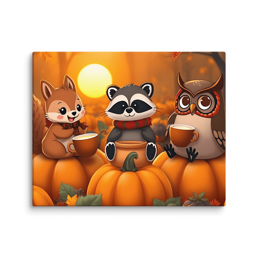 Autumn Harvest Tea Party in a Pumpkin Patch Canvas Art – Whimsical Fall Kids Room Decor, Cute Nursery Wall Art, Seasonal Gift for Children product image (1)