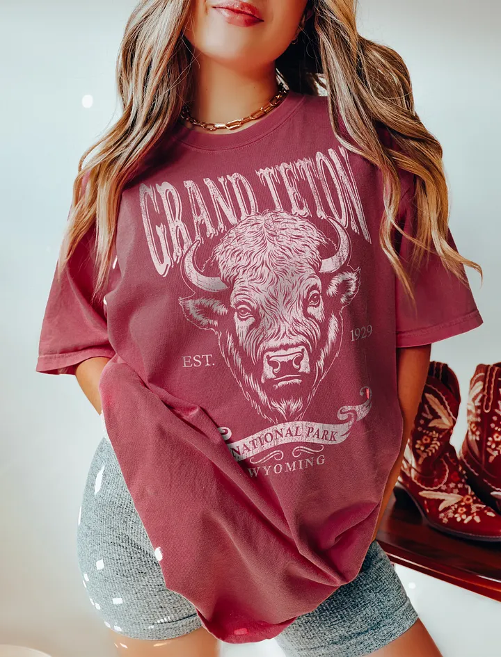 Grand Teton National Park, Wyoming T-Shirt | Vintage-Style Grunge Western Tee with a Bison Head product image (11)