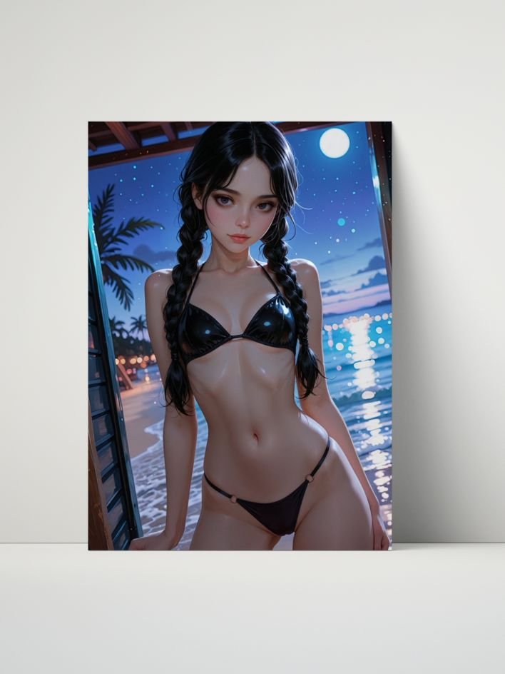 Wednesday Addams Black Bikini Night Beach – Glossy 8x10 Metal Print product image (1)
