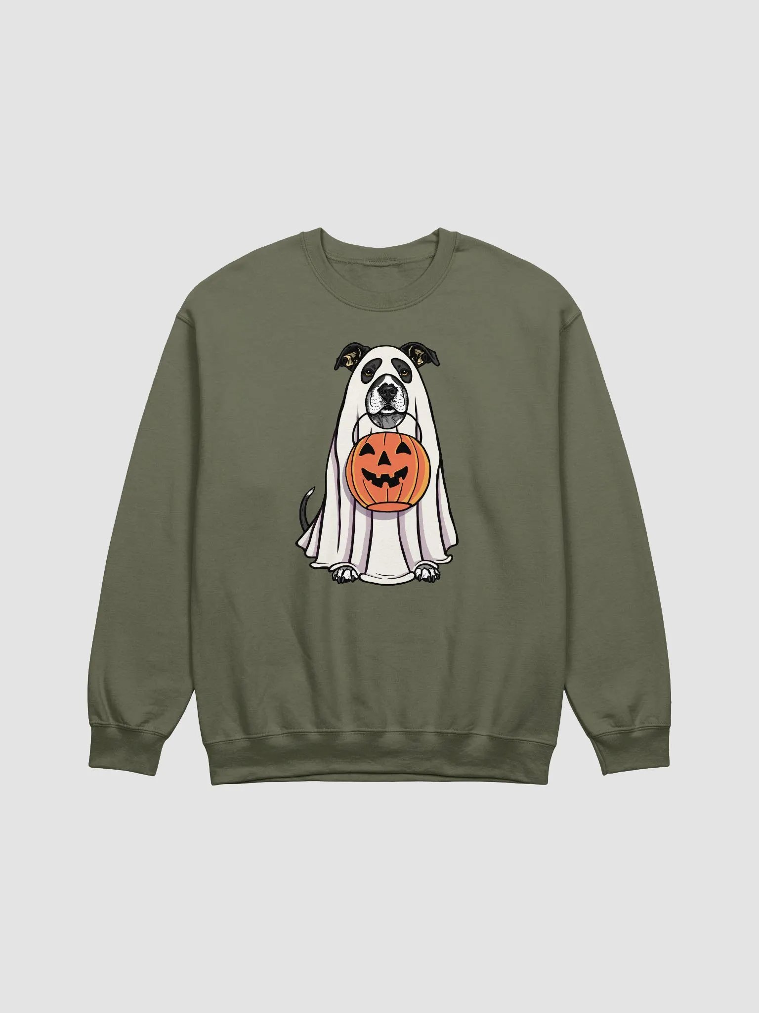 Funny Halloween Pitbull Terrier(Black) Sweatshirt | Funny Pittie Wearing a Ghost Costume and Holding a Pumpkin Basket product image (13)