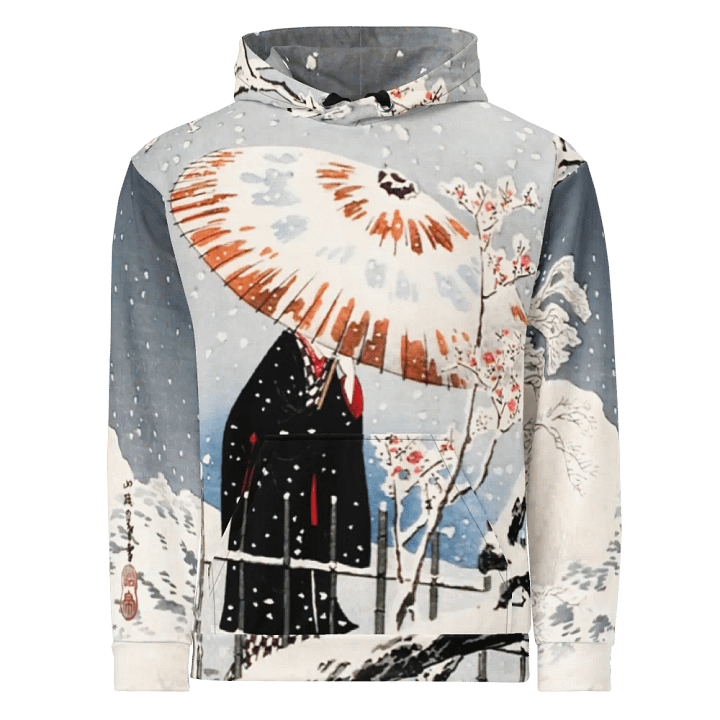 Plum Tree and Snowy Evening All-Over Print Recycled Unisex Hoodie product image (1)