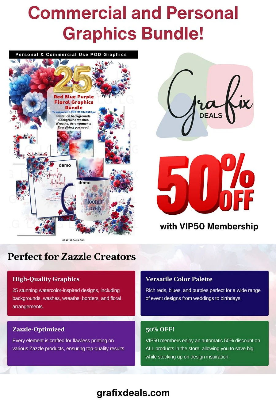 Red Blue Purple Floral Graphics Bundle Commercial POD Use Clipart for Zazzle Creators product image (3)