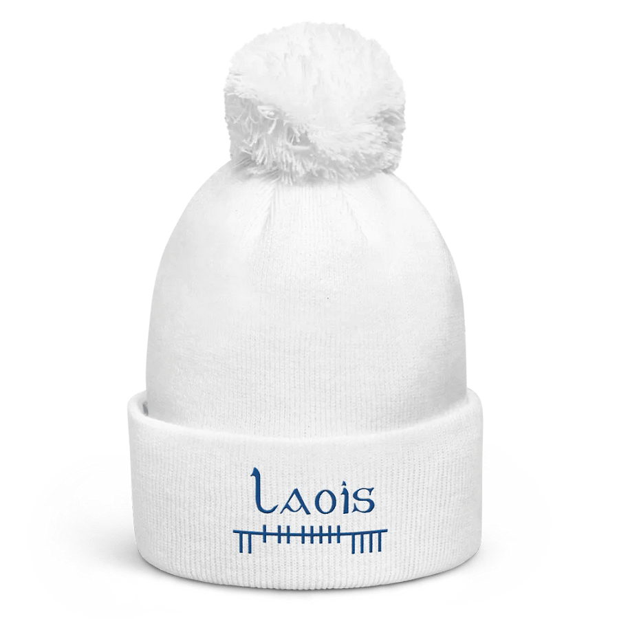 Laois Orthodox style Ogham, white with blue, embroidered Pom-Pom Beanie product image (1)