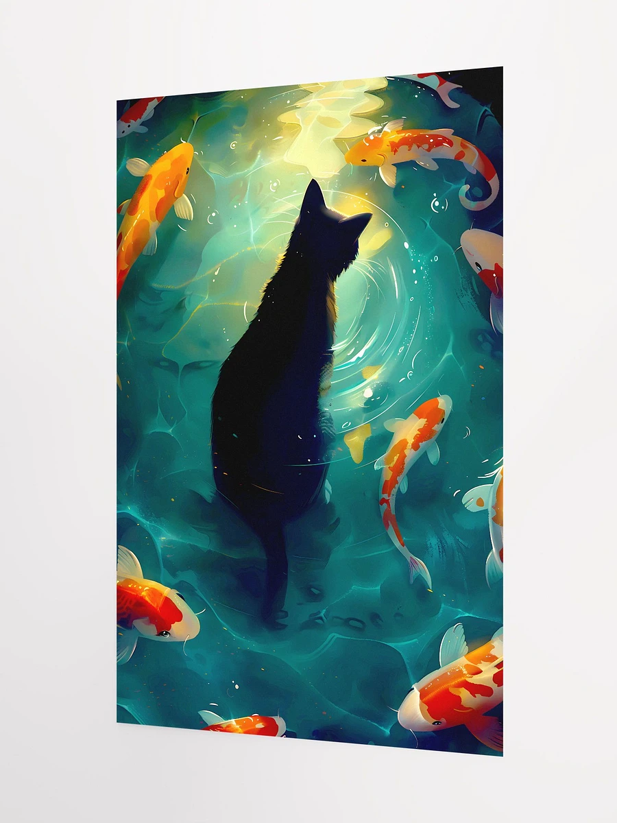 Tranquil Reflections: Black Cat Overlooking Swirling Koi in Moonlit Pond Matte Poster product image (5)