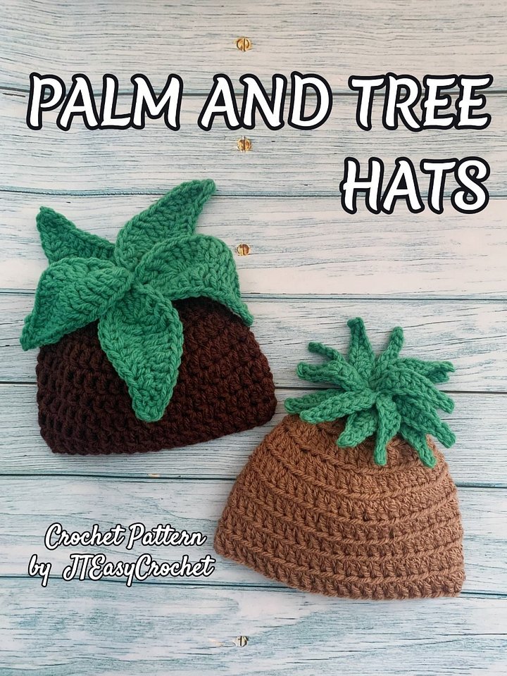 Plant Hat Crochet Patterns with Photos, 2 in 1 Tree and Palm Beanies With Leaves, PDF Instant Download product image (1)