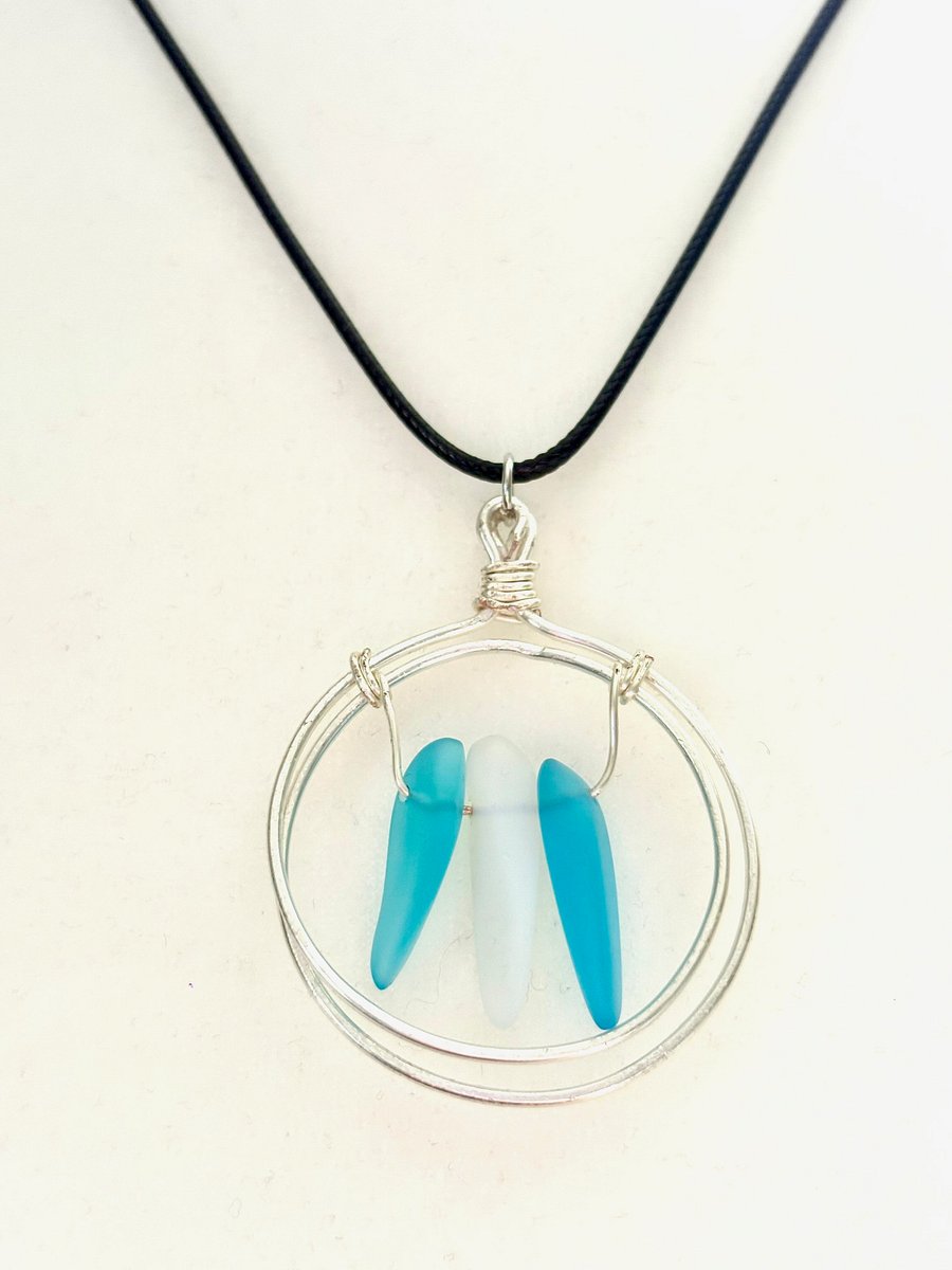 Ocean Wings | Aqua & Frosted Sea Glass Pendant Necklace | Handmade Coastal Charm Jewelry by Monique Faella Designs™ | MFD-00224 product image (1)