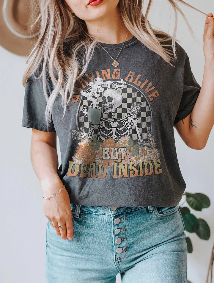 Staying Alive but Dead Inside Skeleton Drinking Coffee T-Shirt | Funny Fall and Halloween Skeleton Design for Coffee Lovers product image (20)