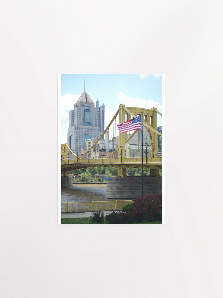 Pittsburgh - Highmark Building, Roberto Clemente Bridge and U.S. Flag - print/poster product image (1)