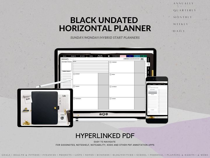 Undated Digital Planner - Black Horizontal Week | Ideal for iPad & Phone product image (1)