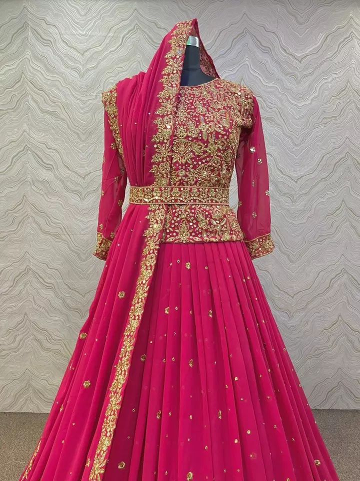 FULLY STITCHED PINK LONG BLOUSE LEHENGA CHOLI DIAMONDS WORK LENGHA TOP BELT product image (6)