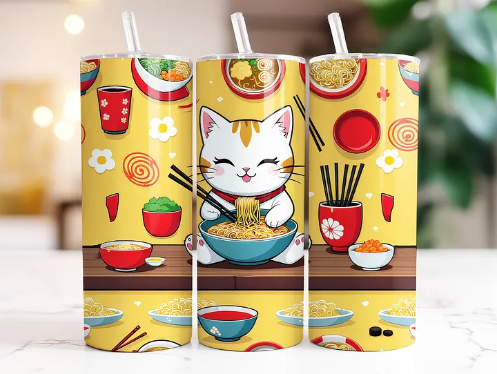 Cute Kawaii Cat Eating Ramen Noodles 20 oz Skinny Stainless Steel Tumbler product image (2)