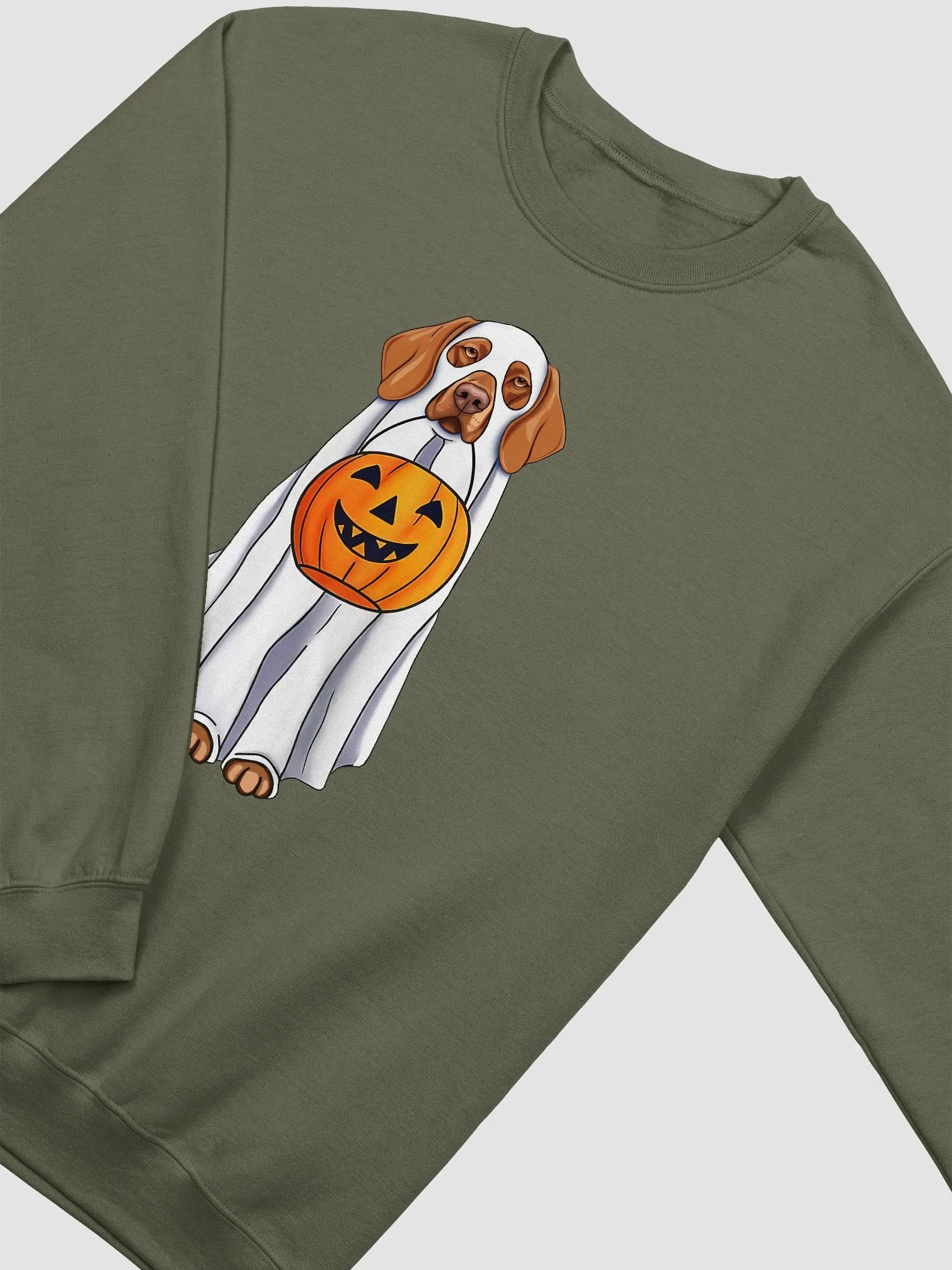 Vizsla Halloween Sweatshirt | Funny Fall and Halloween Vizsla Wearing a Ghost Costume with Pumpkin Basket product image (22)