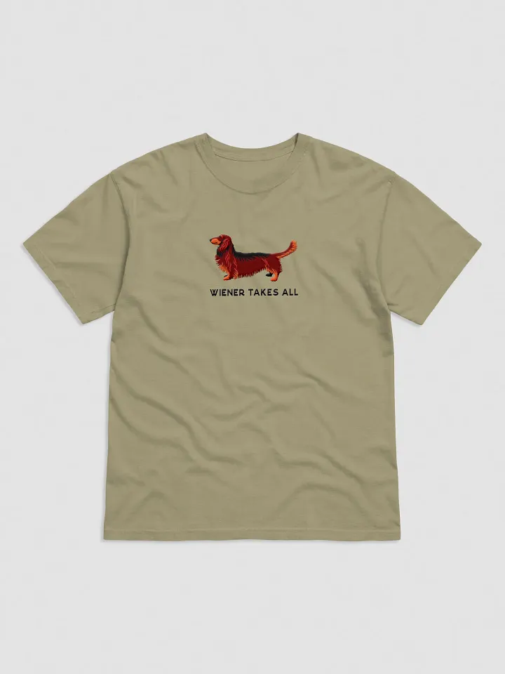 Wiener Takes All T-Shirt(Embroidered) of a Longhaired Dachshund(Red & Tan) product image (3)