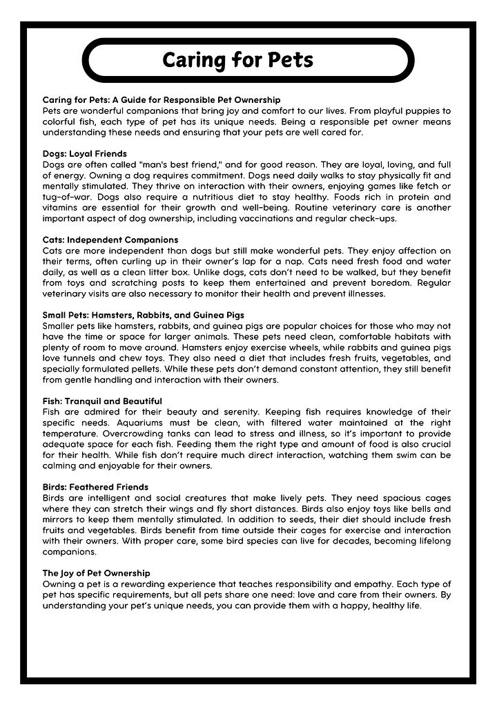 Pets Reading Comprehension (Grade 5) product image (2)