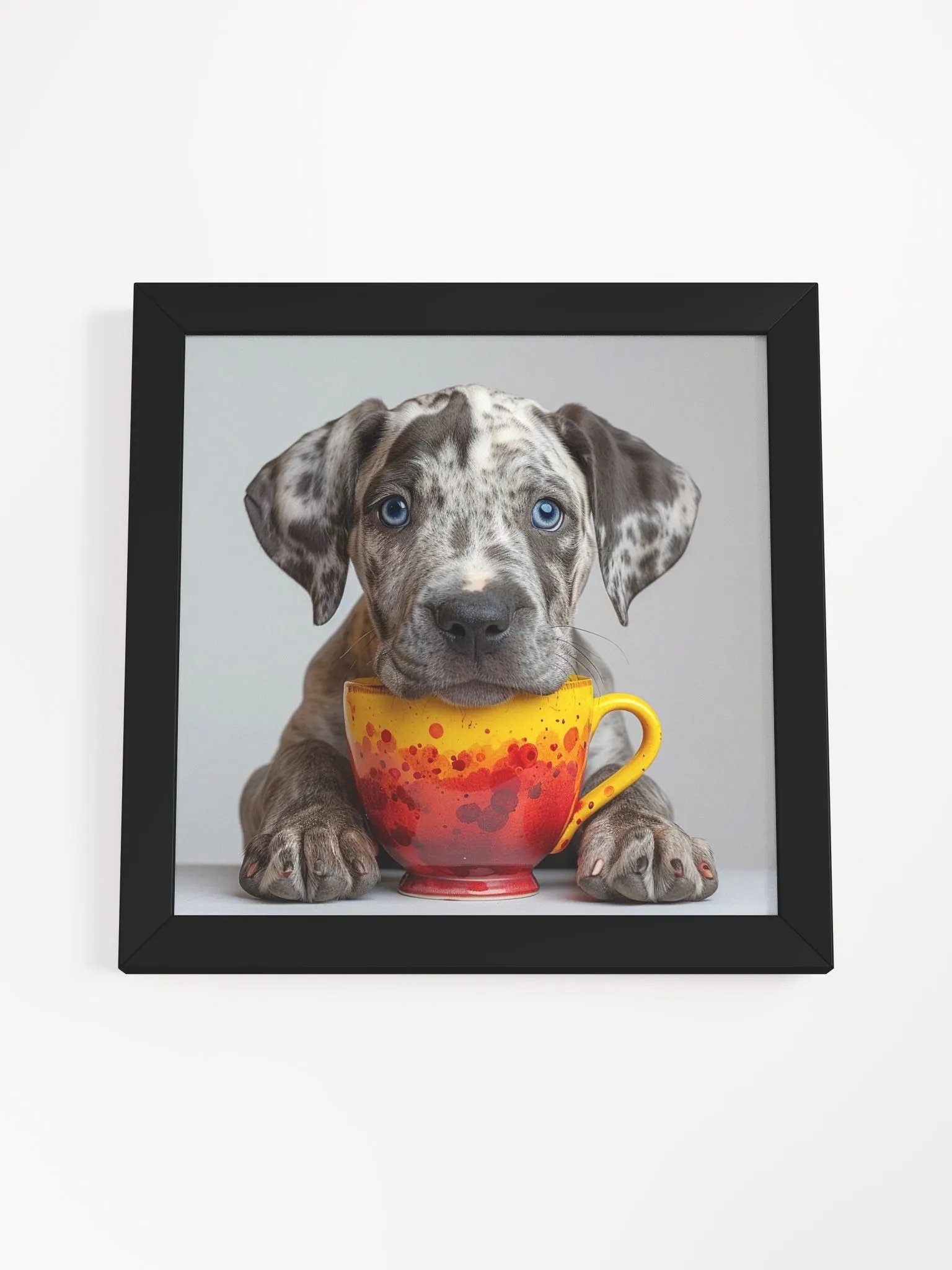Cute Coffee Lover Blue Eyed Great Dane Puppy Framed Wall Art product image (3)