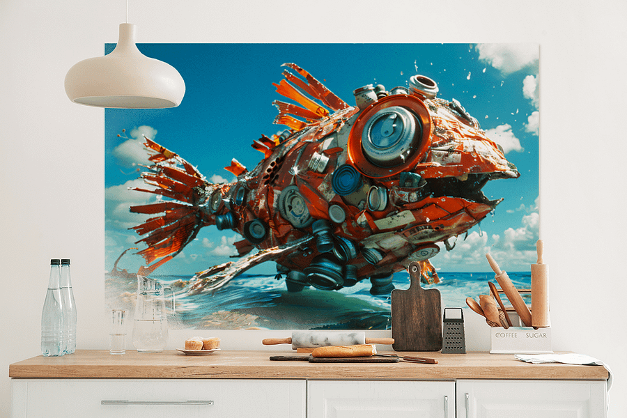 Trash Fish Ocean Pollution Art Print – Surreal Recycled Marine Debris Artwork product image (2)