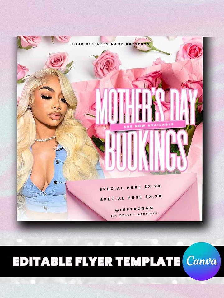 Mother's Day Bookings Open Flyer - Roses & Pink Envelope Themed - Customizable Canva Template product image (1)