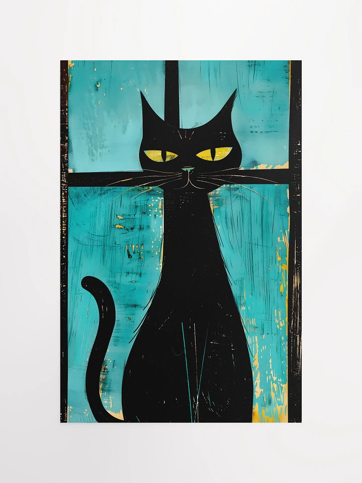 Mystic Gaze: Black Cat with Vintage Teal Background Art Matte Poster product image (2)