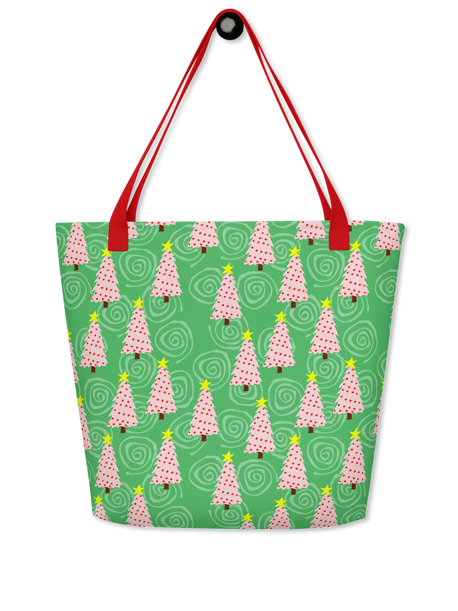 Pink Christmas Trees on Green with Swirls – Large Tote Bag product image (1)