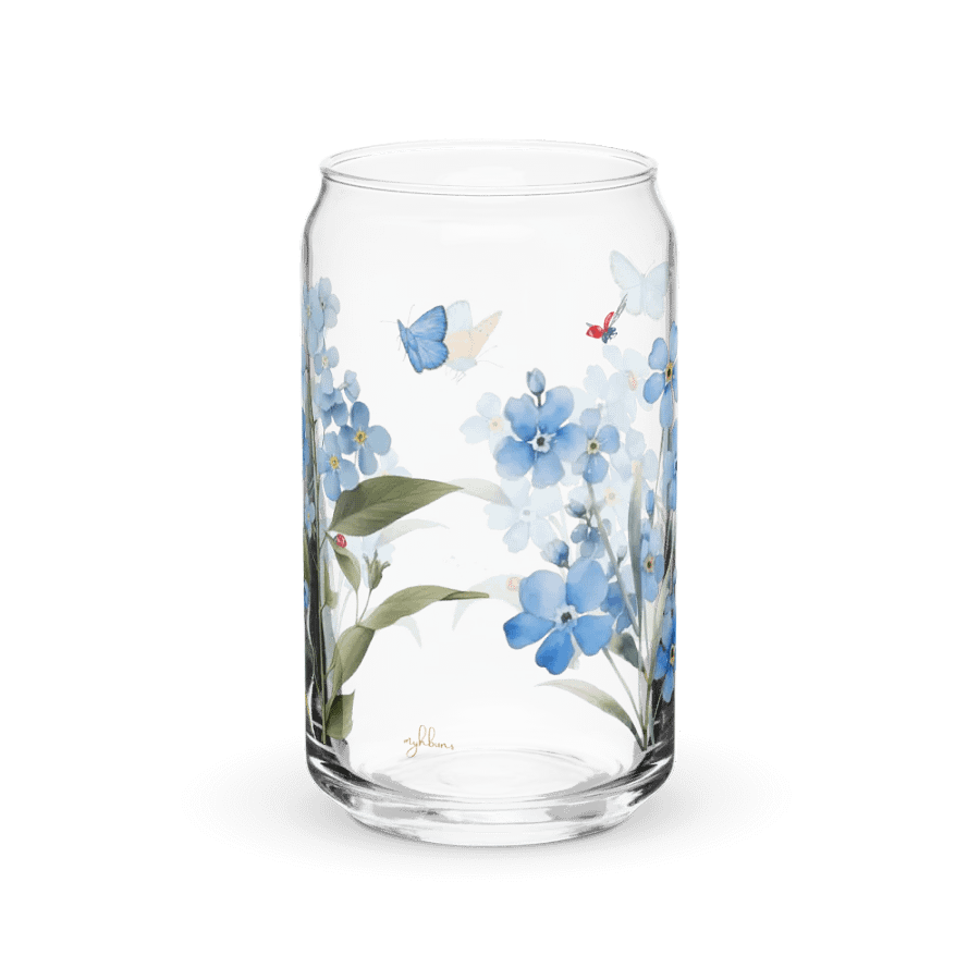 Forget-Me-Not Whispers Glass Can Tumbler | 16oz Eco-Friendly Botanical Drinkware | Blue Blossoms & Butterflies Design product image (8)