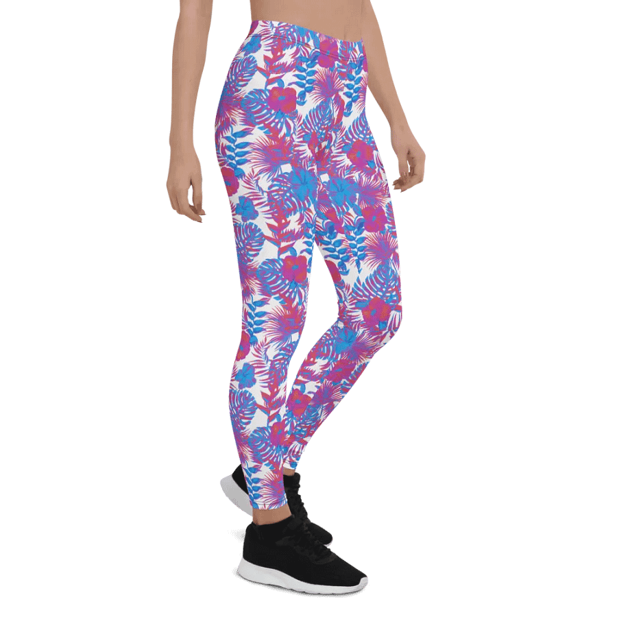 leggings  in  blue and pink colors tropical leaves design. Perfect for holiday vibes product image (7)