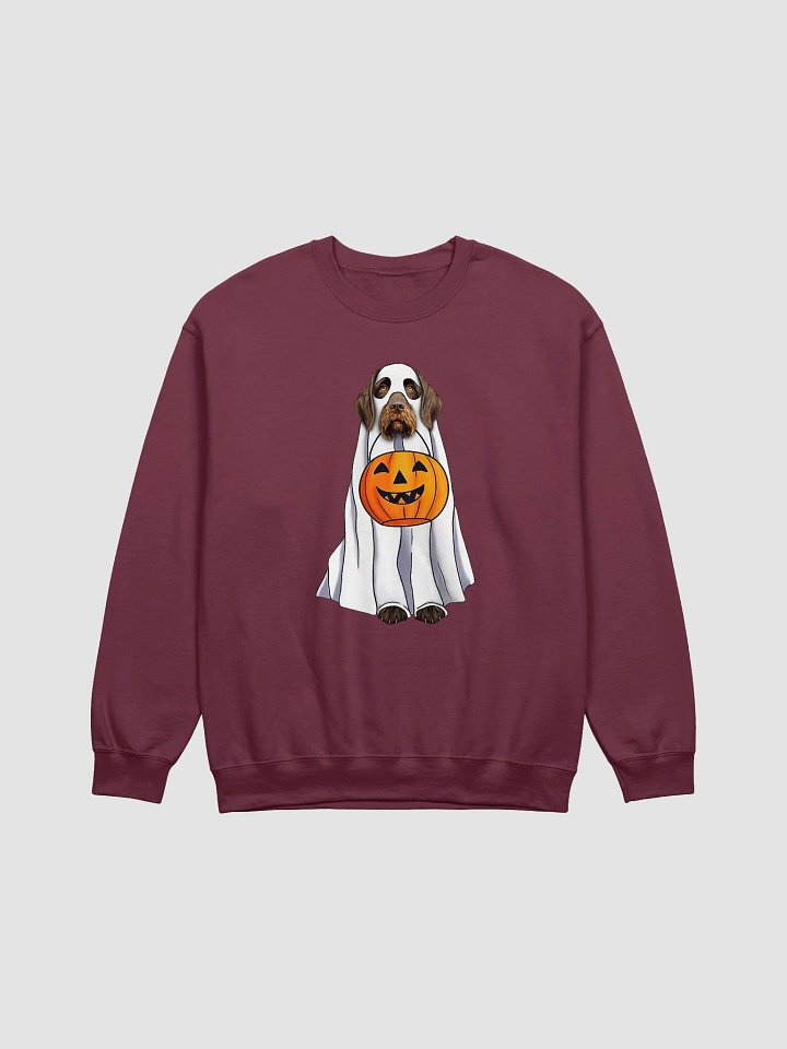German Wirehaired Pointer Halloween Sweatshirt | Funny Halloween GWP Wearing a Ghost Costume with Pumpkin Basket product image (1)