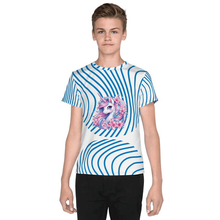 KIDS- GIRL TEE -Blue Groovy line with Unicorn design- All-Over Print Youth Crew Neck T-Shirt product image (1)