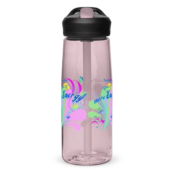 Camelback water bottle with beautiful swirly pink and green water drop splash and drops design featuring ' This water gives me Energy