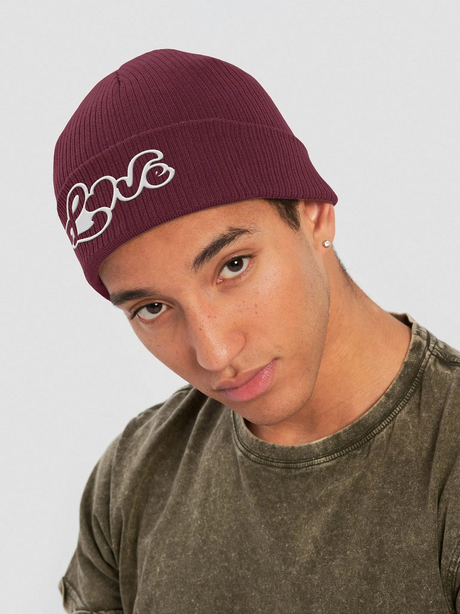 Stylized Love Embroidered Organic Cotton Ribbed Beanie (White) product image (4)